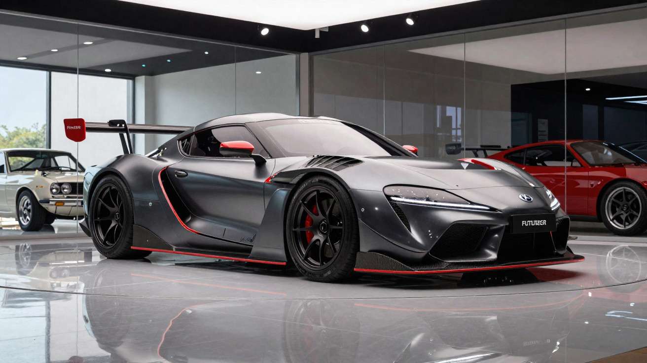 Carro esportivo futurista cinza e preto com detalhes vermelhos em showroom moderno com reflexos no chão.
