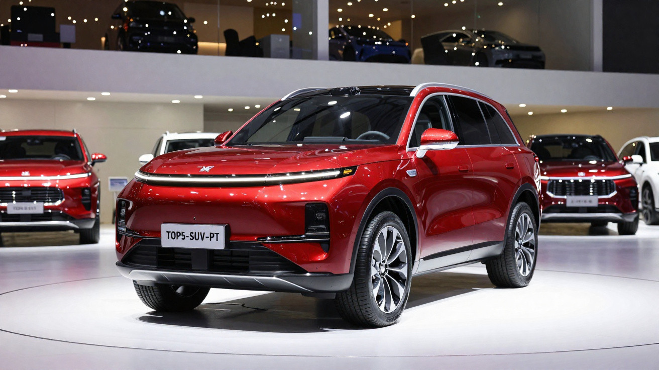 SUV vermelho moderno exposto em salão automotivo com iluminação refletida na lataria brilhante.