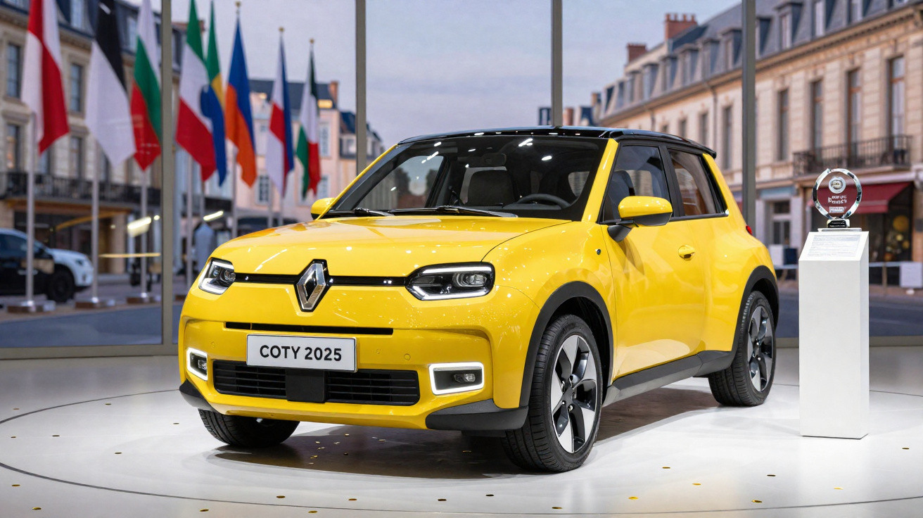 Carro elétrico compacto amarelo da Renault em exposição com troféu ao lado e bandeiras ao fundo.