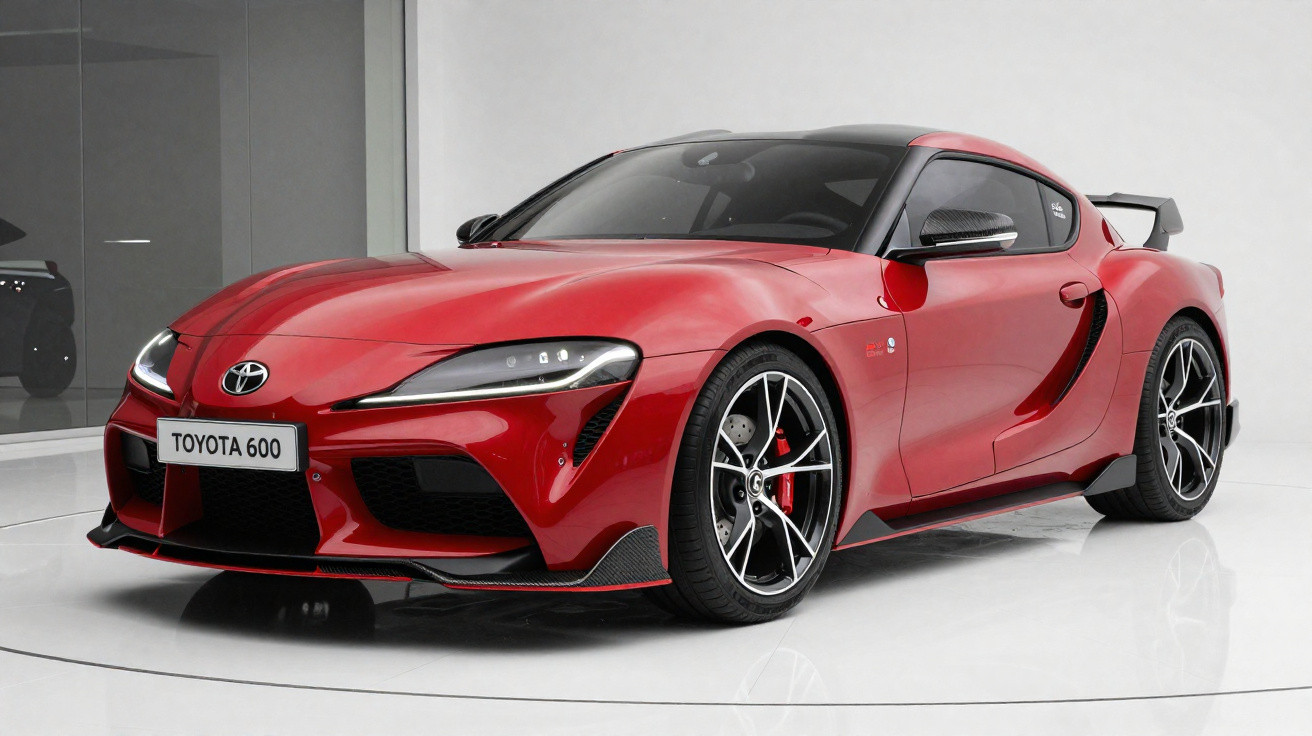 Carro esportivo Toyota 600 vermelho em exposição com design aerodinâmico e rodas pretas com detalhes vermelhos.