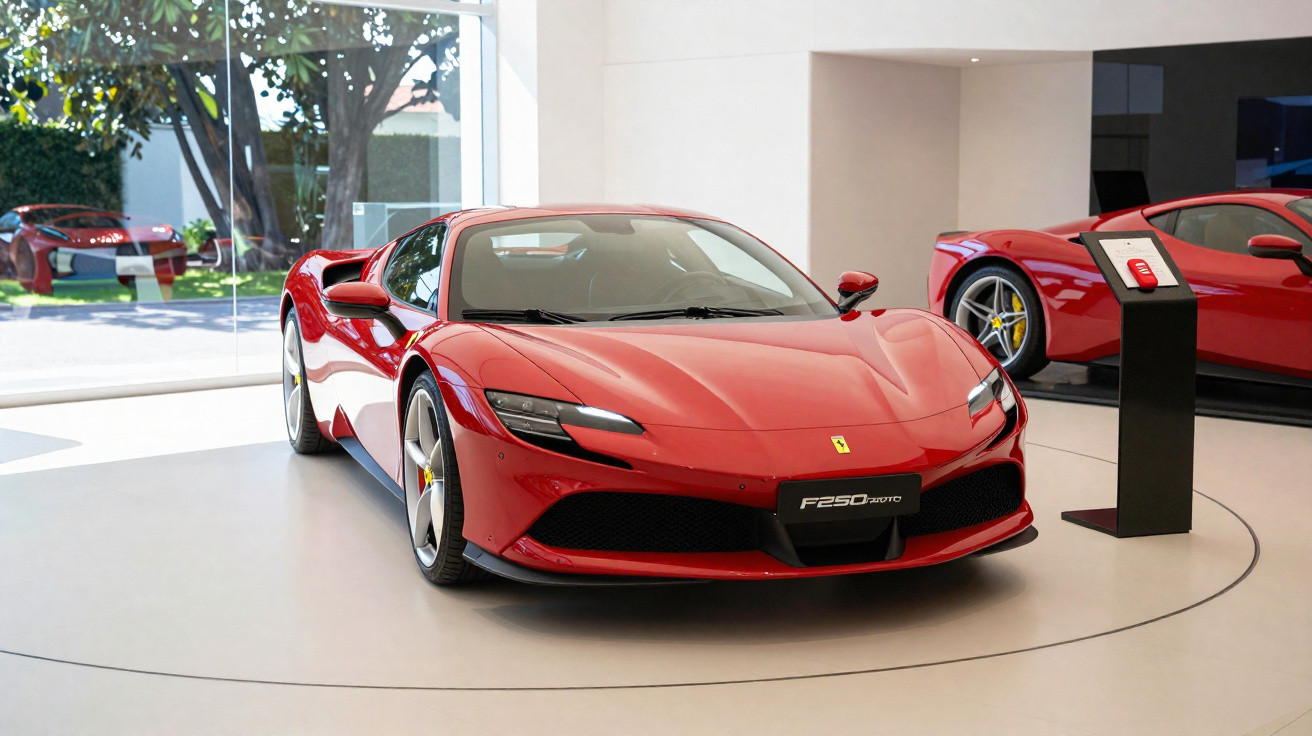 Carro esportivo Ferrari F25 Proto vermelho em exposição interna com outro carro e árvore ao fundo.