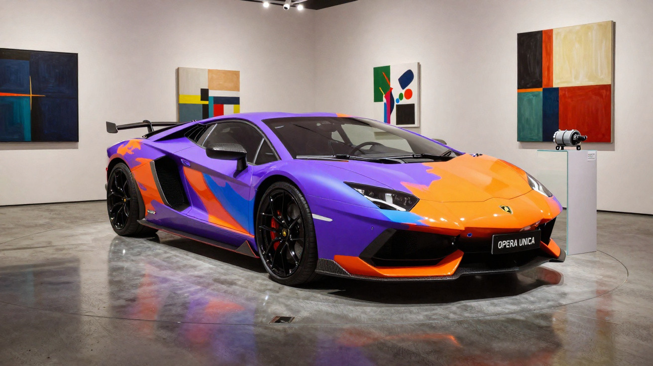 Carro esportivo roxo e laranja em exposição em galeria com quadros abstratos nas paredes.