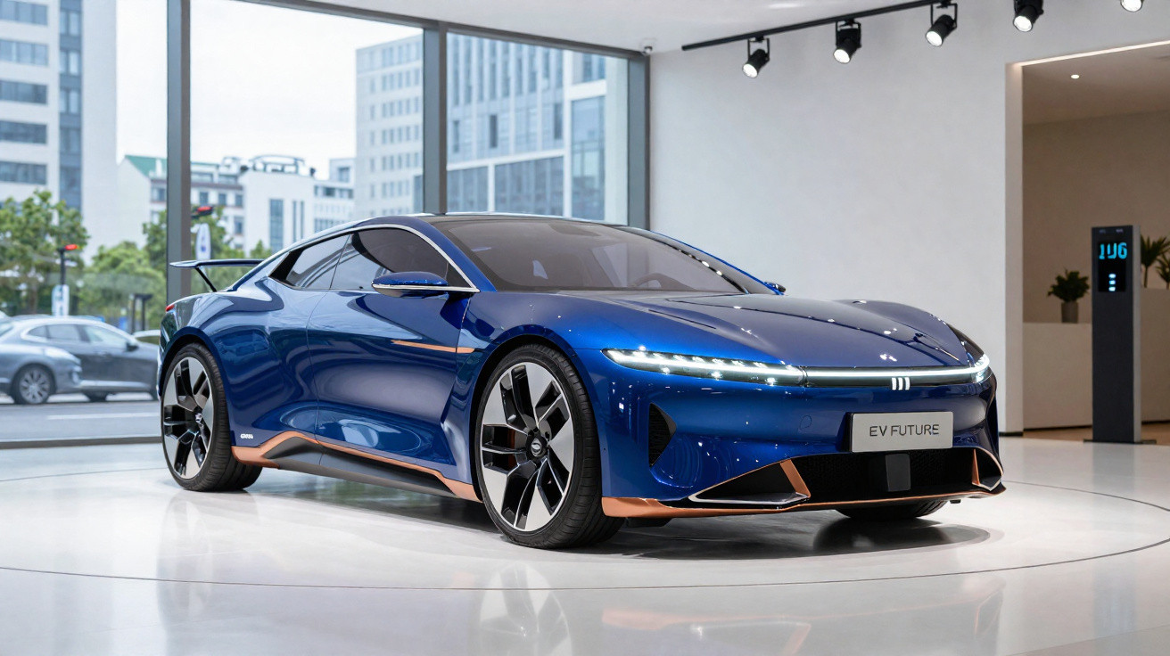 Carro elétrico esportivo azul futurista em exibição dentro de showroom moderno com grandes janelas de vidro.