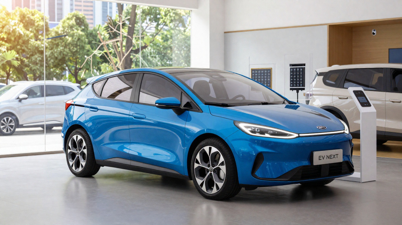 Carro elétrico azul estacionado em showroom moderno com carros ao fundo e luz natural.