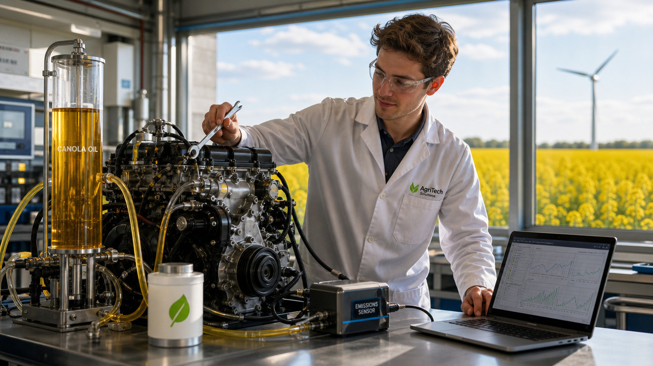 Cientista em laboratório testando motor com óleo de canola ao lado de laptop com gráficos e campo ao fundo.