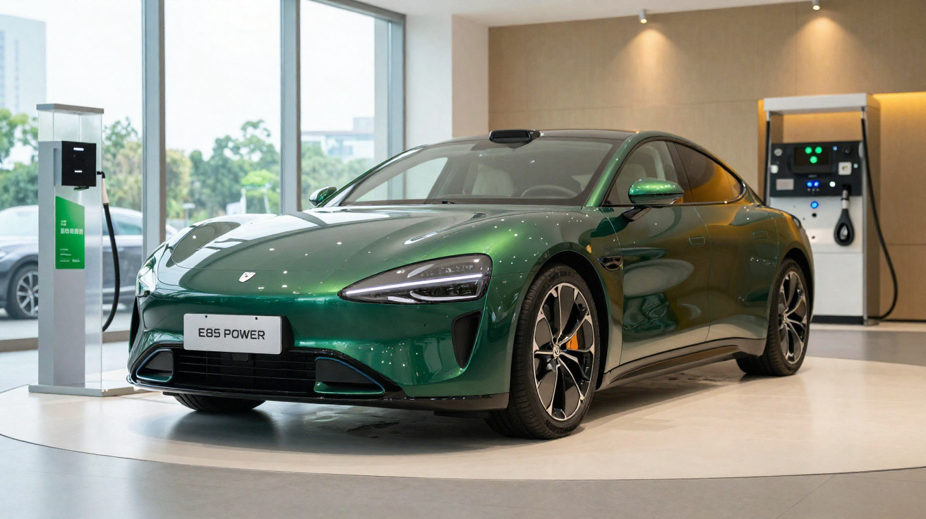 Carro elétrico verde com design moderno estacionado em showroom com carregador ao fundo.