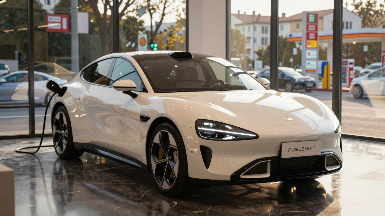 Carro elétrico branco conectado a um carregador em ambiente interno com janelas para estação de combustível.