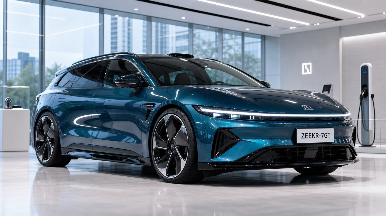 Carro elétrico esportivo azul Zeekr 7GT em showroom moderno com estação de recarga ao fundo.