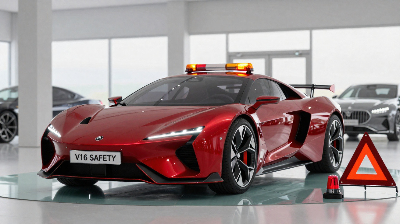 Carro esportivo vermelho com luz de advertência no teto e triângulo de sinalização em fundo cinza.