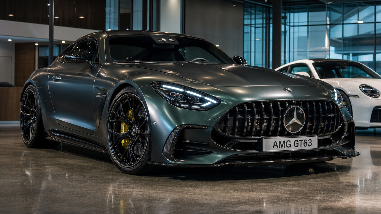 Carro esportivo Mercedes AMG GT63 cinza escuro em showroom moderno com iluminação refletida no chão.