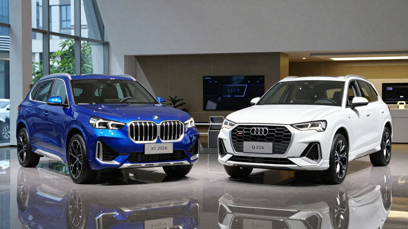 Dois carros SUV exibidos em ambiente interno: BMW X1 azul 2026 e Audi Q3 branco 2026.