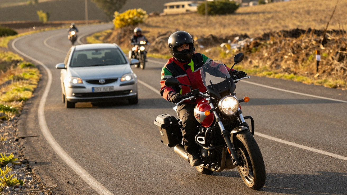 Motociclista com jaqueta colorida curva em estrada rural com outros motociclistas e um carro ao fundo.