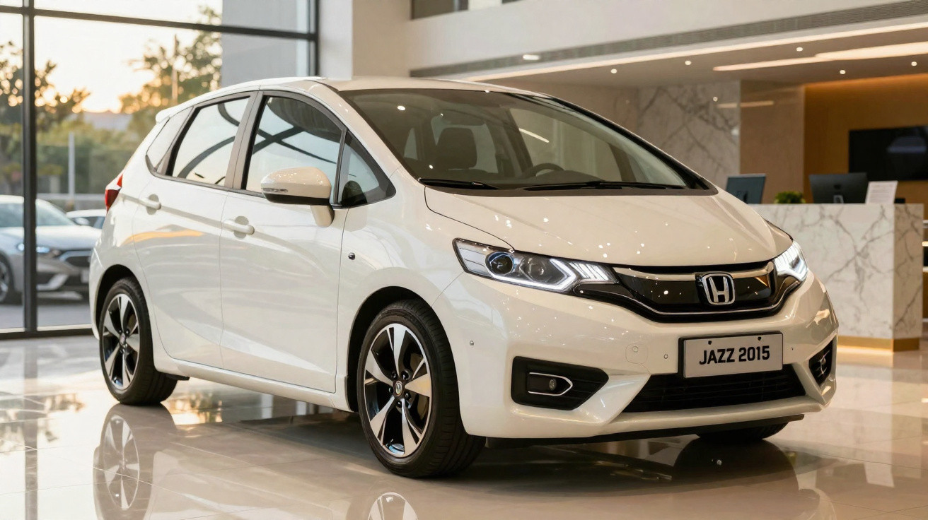 Carro branco Honda Jazz 2015 estacionado em showroom com piso brilhante e grandes janelas.