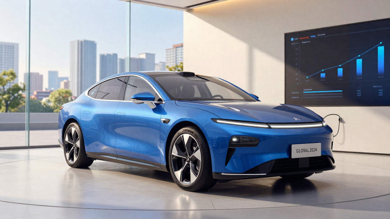 Carro elétrico azul moderno exposto em ambiente interno com gráficos de vendas ao fundo.