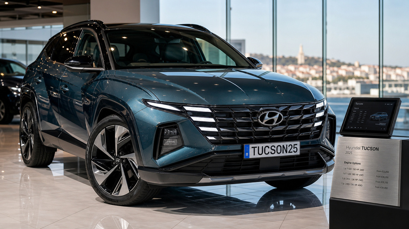 Carro SUV Hyundai Tucson azul exposto em showroom com placa personalizada e painel informativo ao lado.