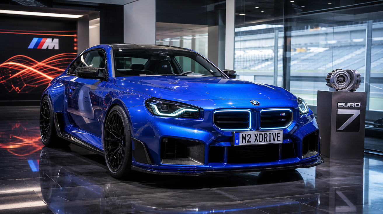 Carro esportivo BMW M2 azul exibido em showroom moderno com motor turbo ao lado e placa M2 XDRIVE.
