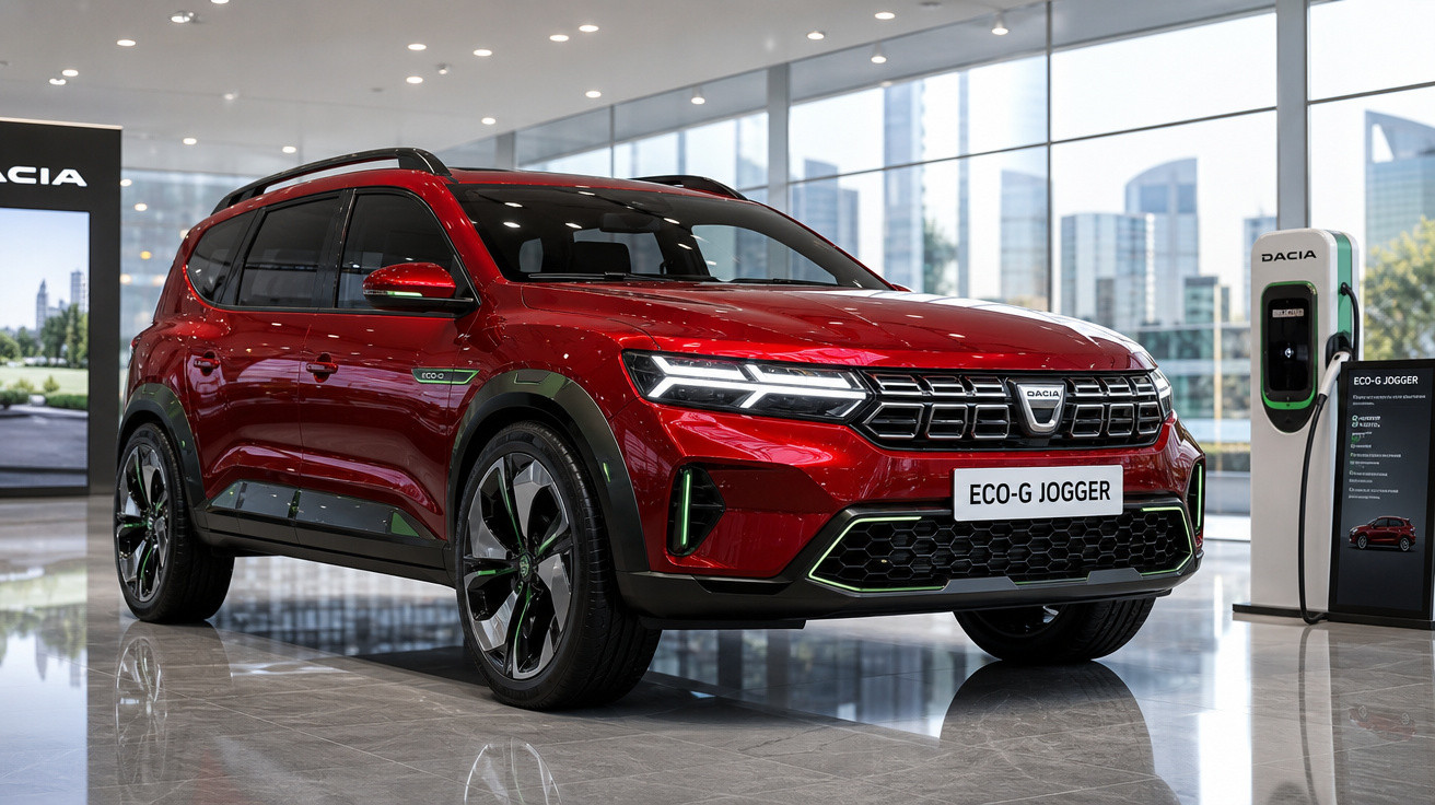 SUV vermelho Dacia Eco-G Jogger estacionado em showroom moderno com carregador elétrico ao lado.