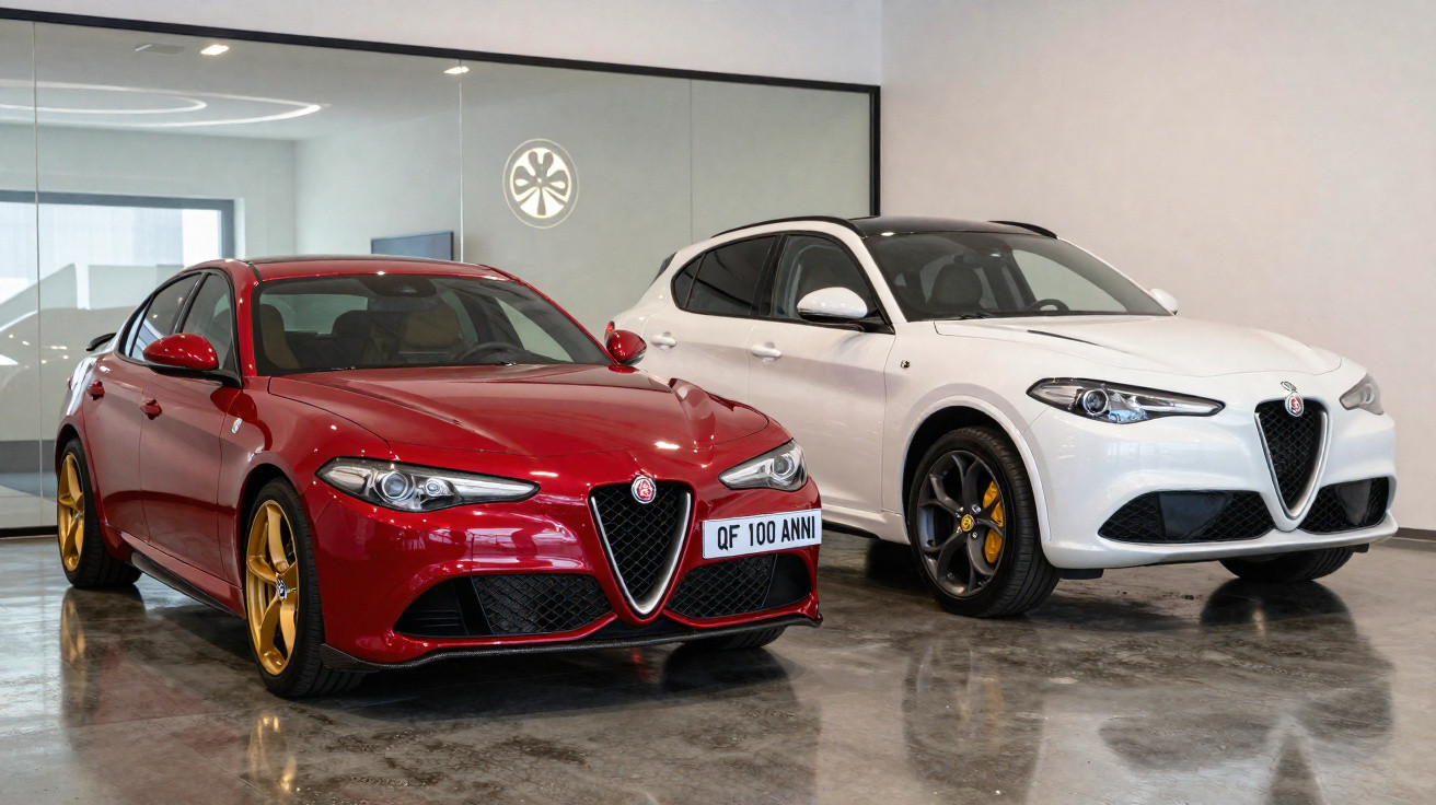 Dois carros Alfa Romeo, um sedã vermelho e um SUV branco, lado a lado em ambiente interno com logo iluminado na parede.