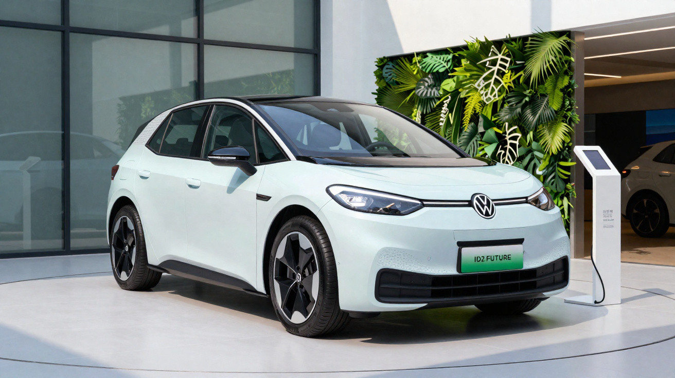 Carro elétrico branco Volkswagen ID.2 Future estacionado em área moderna com carregador elétrico e plantas.