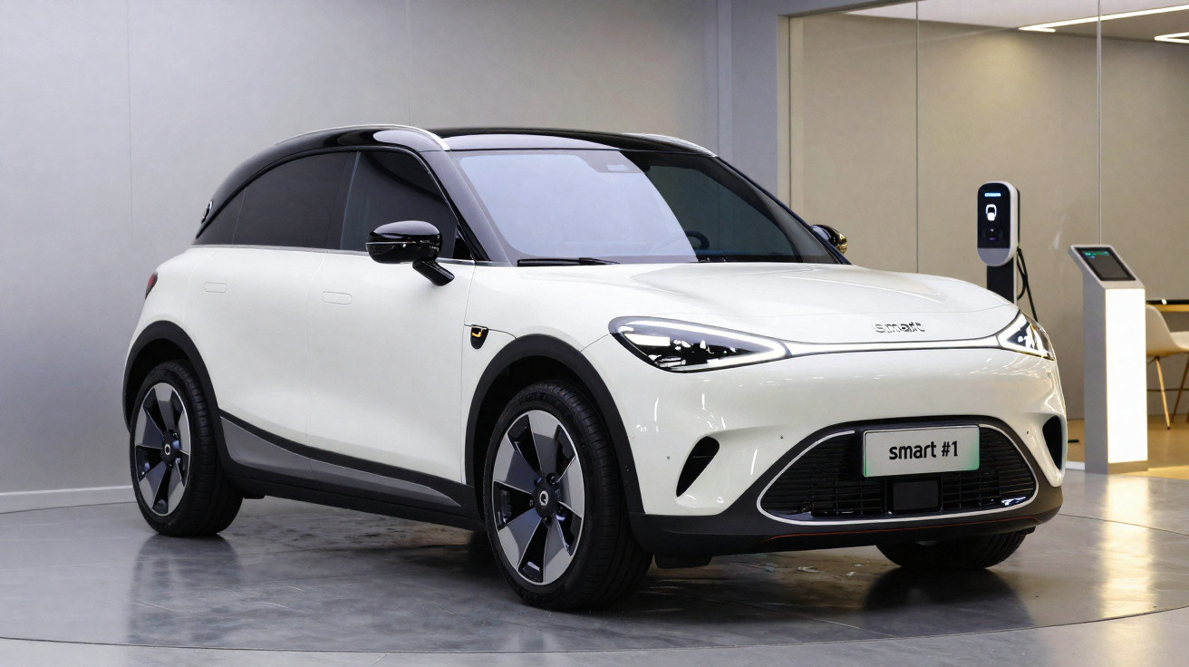 Carro elétrico branco Smart #1 estacionado em ambiente interno moderno com estação de carregamento ao fundo.