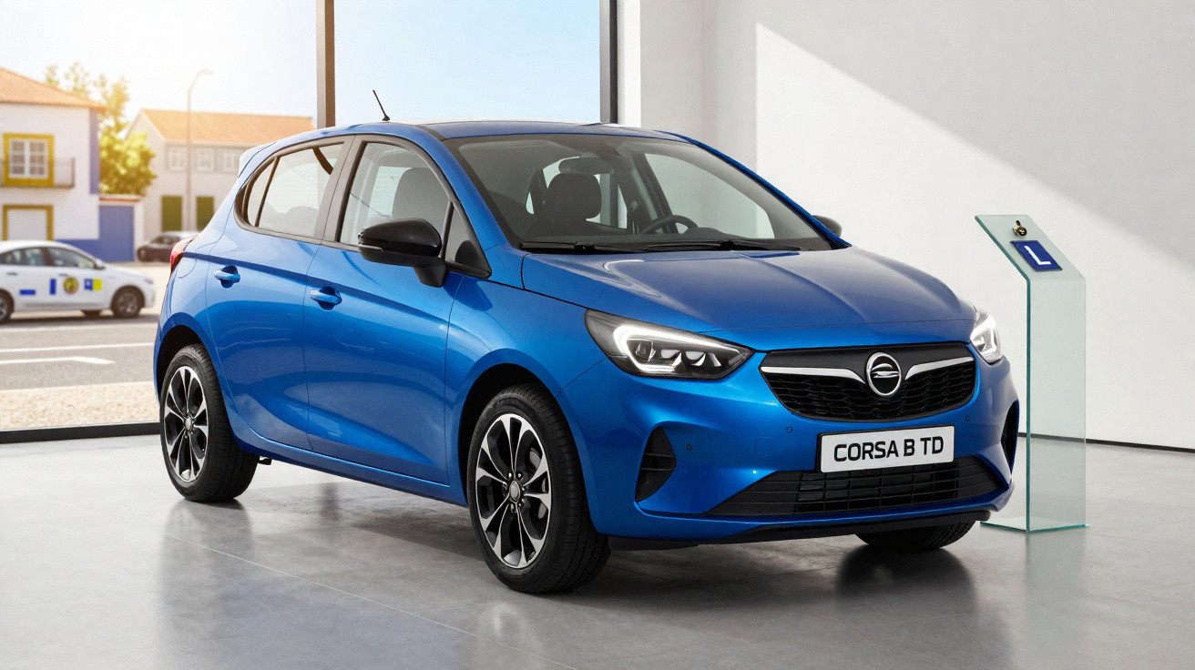 Carro hatchback azul, modelo Corsa B TD, em ambiente interno com piso claro e parede branca.