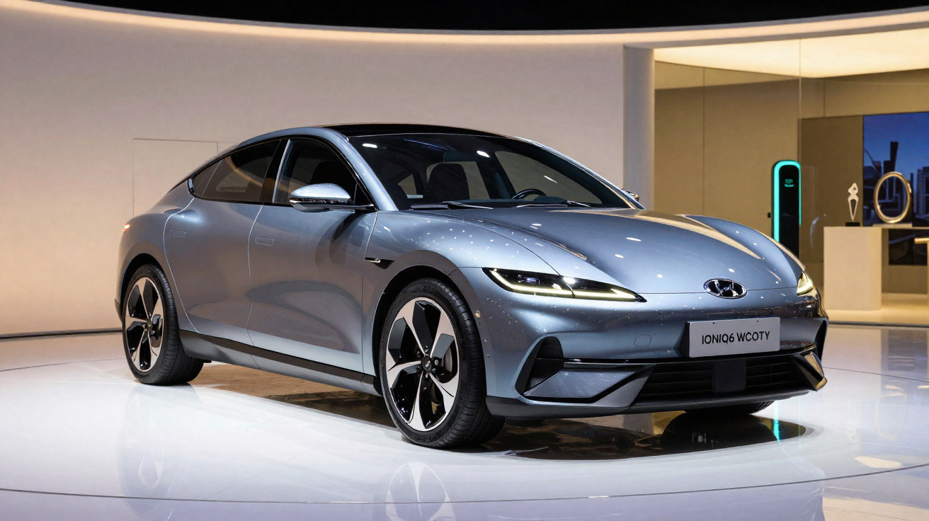 Carro elétrico cinza Hyundai Ioniq 6 WC07Y em exposição, próximo a uma estação de carregamento.