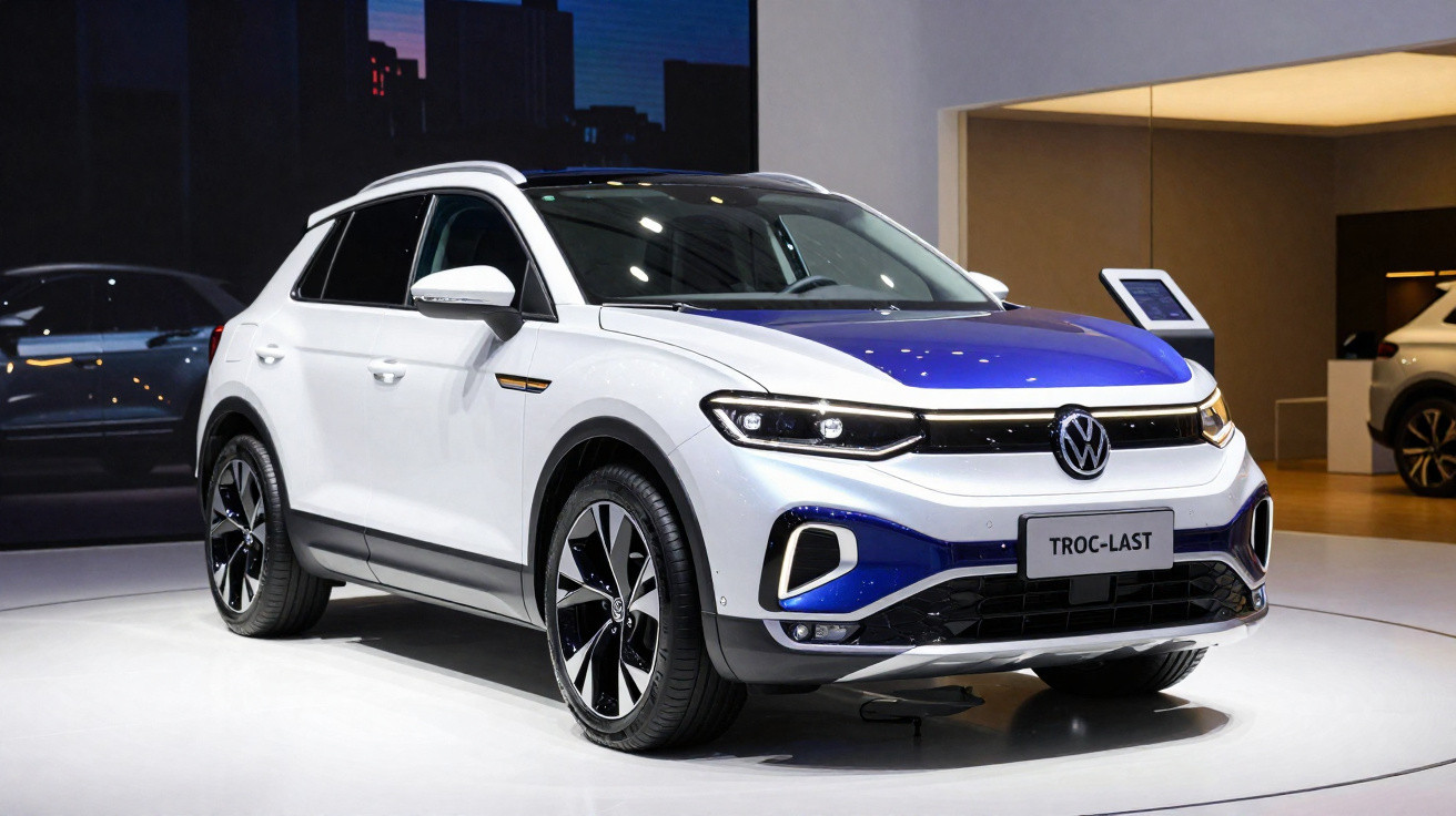 Carro elétrico Volkswagen branco em exposição, com design moderno e rodas esportivas.