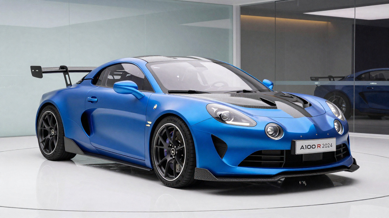 Carro esportivo azul A110 R 2024 em ambiente interno com rodas pretas e aerofólio traseiro.