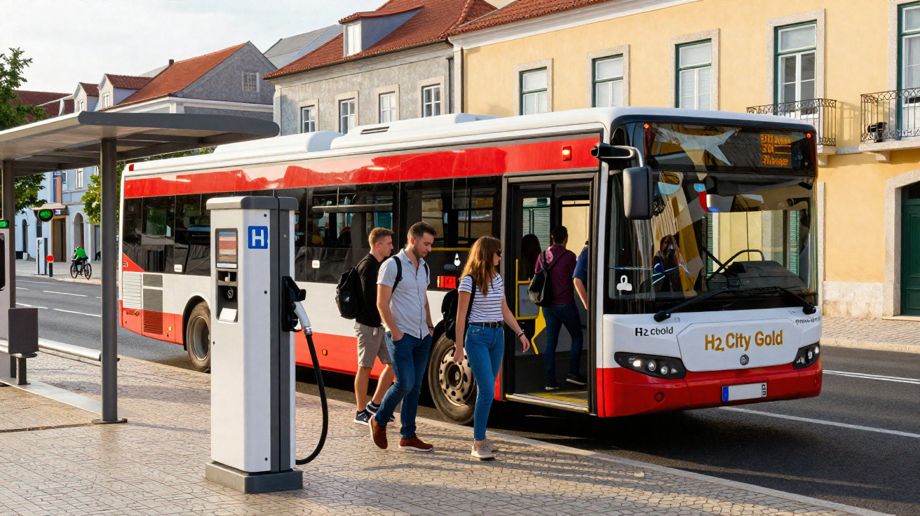Ônibus urbano H2 City Gold em estação com passageiros caminhando e bomba de abastecimento de hidrogênio ao lado.