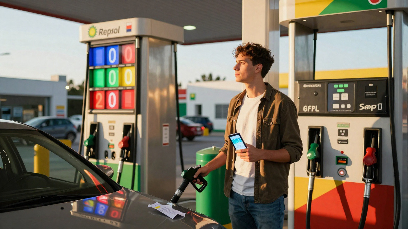 Homem abastecendo carro com combustível em posto de gasolina durante o dia, segurando celular.