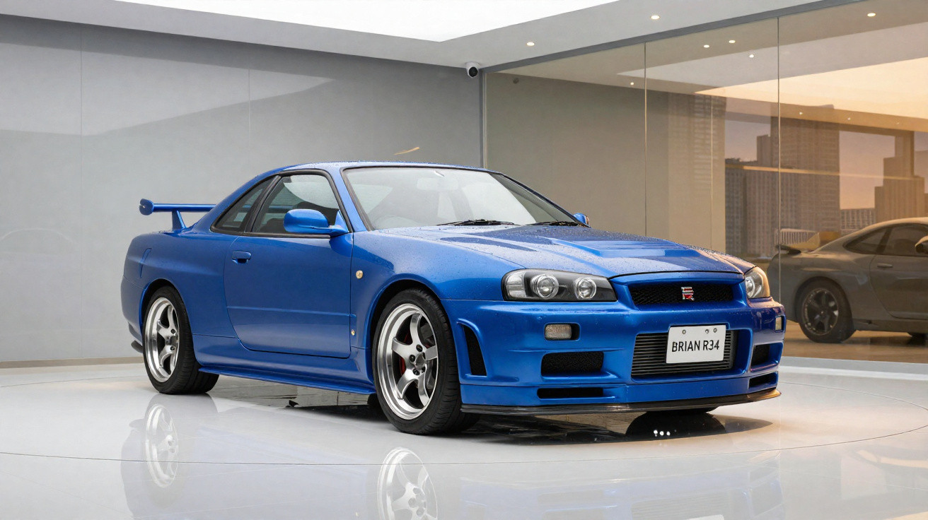 Carro esportivo azul Nissan Skyline GT-R R34 parado em ambiente interno com vidro e reflexo no chão branco.