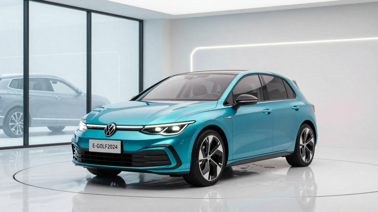 Volkswagen E-Golf 2024 azul exibido em plataforma giratória com ambiente moderno e iluminação branca.