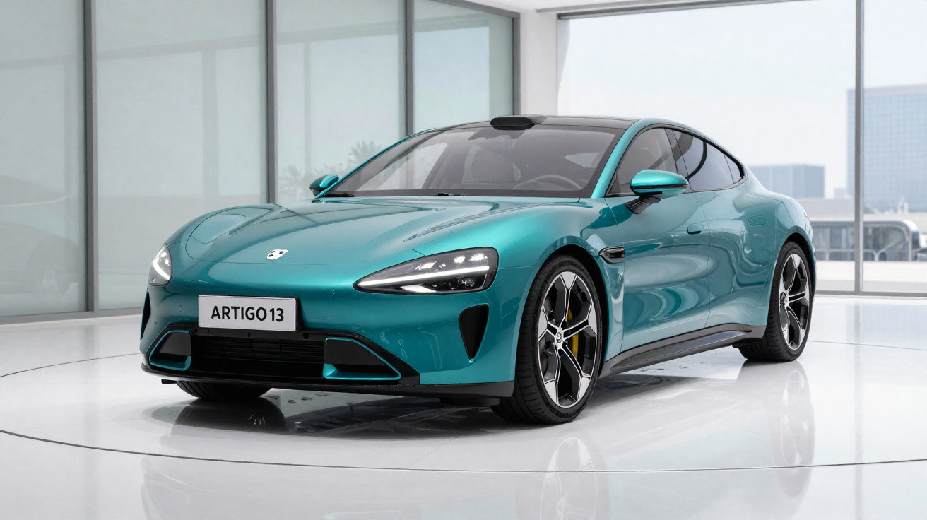 Carro elétrico sedã azul turquesa exibido em showroom moderno com piso branco e janelas amplas.