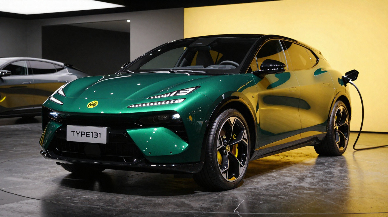 Carro elétrico verde metálico modelo TYPE132 carregando em ambiente interno com iluminação artificial.
