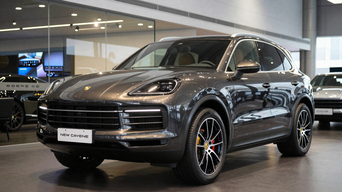SUV Porsche Cayenne cinza metálico em showroom moderno com foco na frente e rodas.
