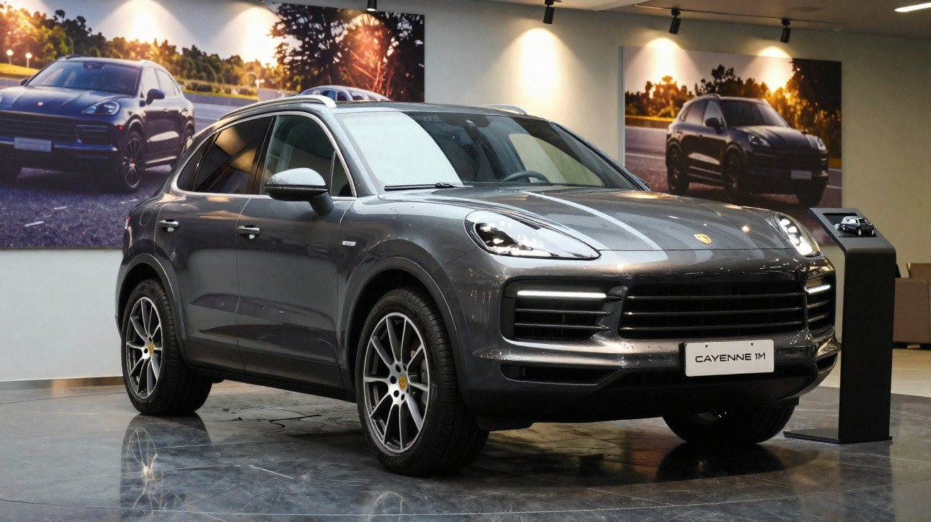 SUV Porsche Cayenne IM cinza, exibido em sala de exposição com iluminação e pôsteres ao fundo.