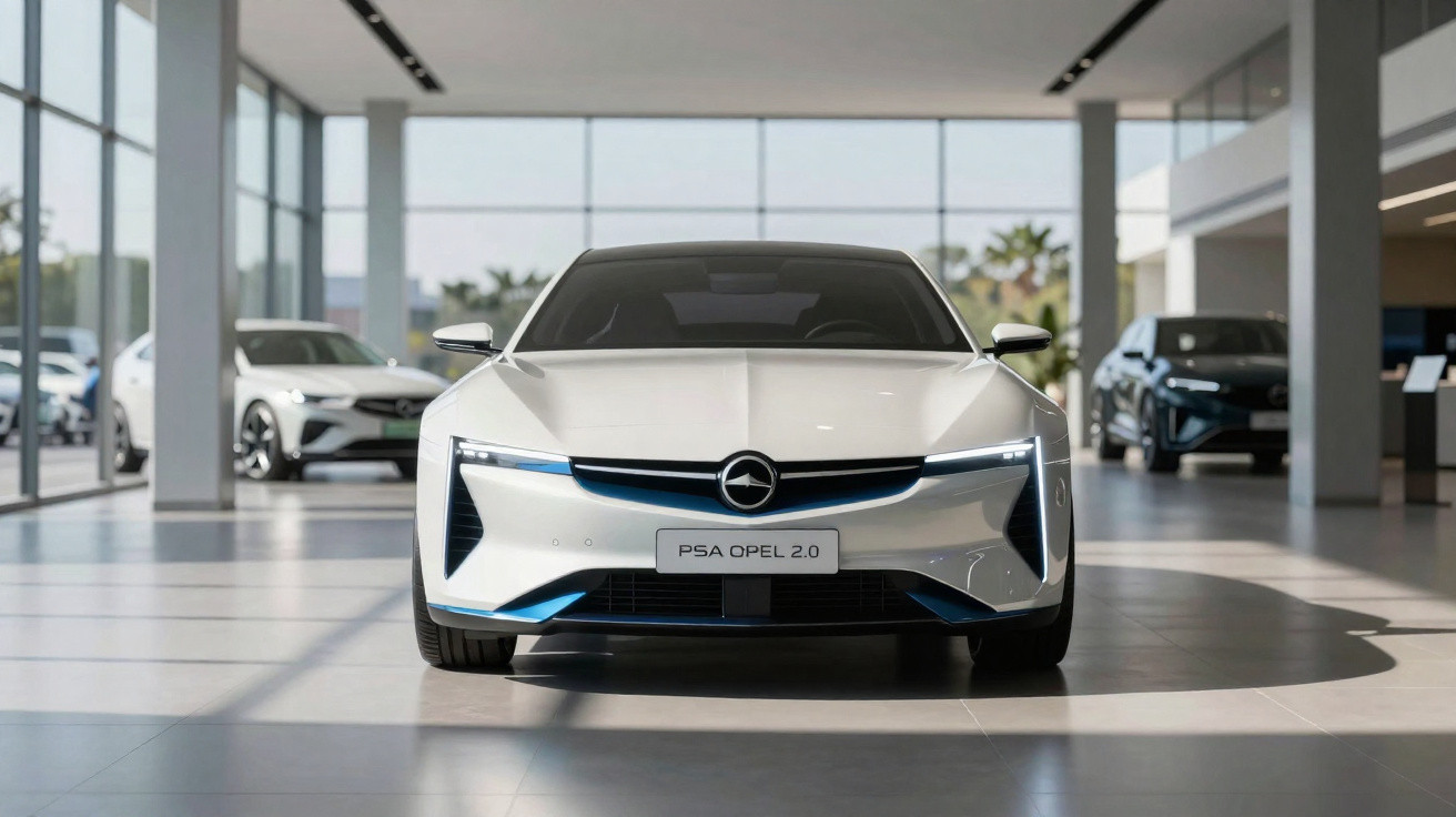 Carro elétrico branco Opel 2.0 em exposição moderna com teto alto e duas pessoas ao fundo.