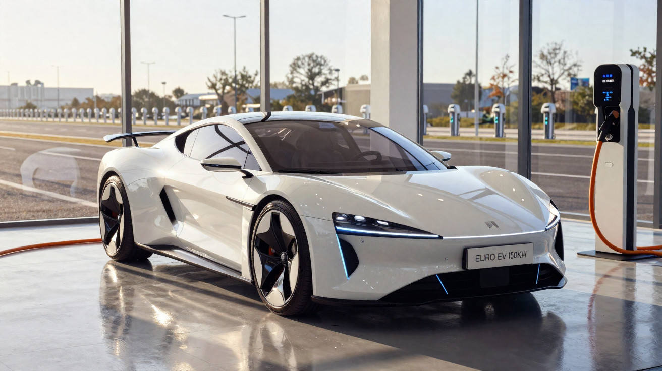 Carro elétrico esportivo branco estacionado em estação de recarga com painéis de vidro ao fundo.
