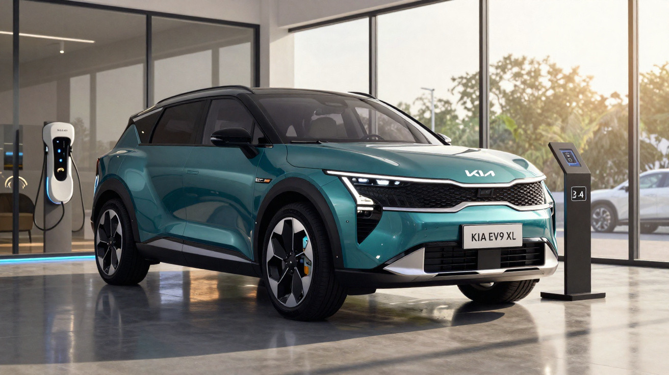 Carro elétrico Kia EV9 XL verde em exibição em showroom com estação de recarga ao lado.