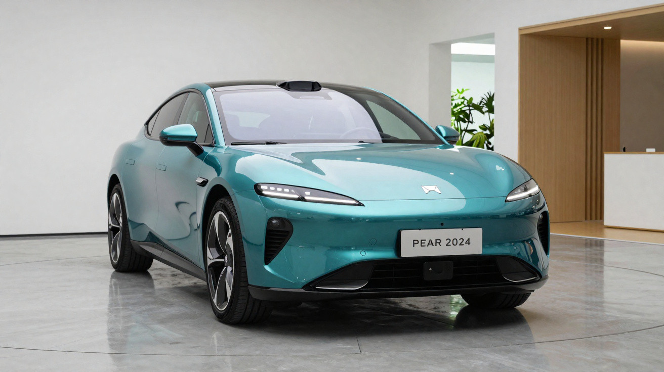 Carro elétrico azul modelo PEAR 2024 visto de frente em ambiente interno iluminado.