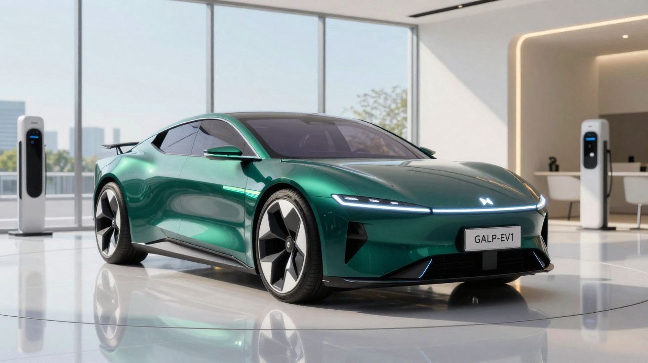 Carro esportivo elétrico verde metálico em showroom moderno com estações de carregamento ao fundo.