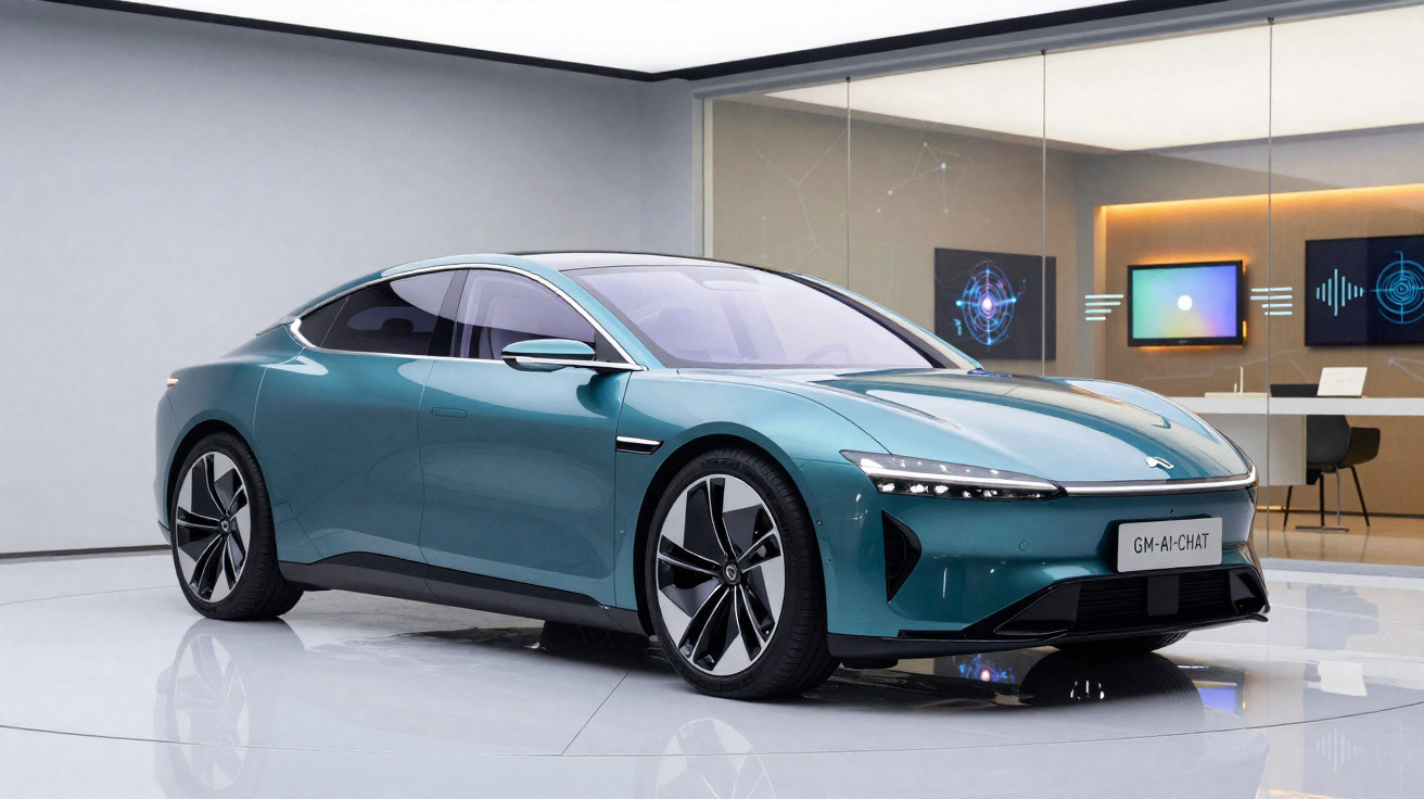 Carro sedan elétrico azul em exposição interna com design moderno e faróis finos.