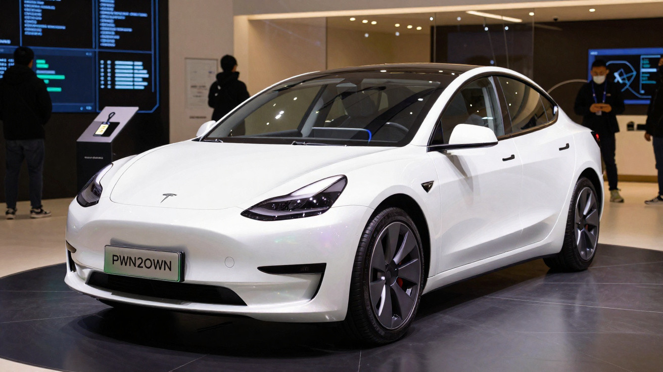 Carro elétrico branco Tesla modelo sedan exposto em salão com pessoas e telas digitais ao fundo.