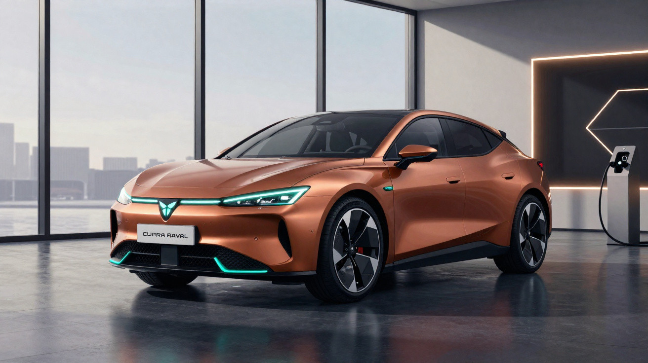 Carro elétrico Cupra Rayal laranja, moderno, em showroom com iluminação de LED e vista urbana ao fundo.