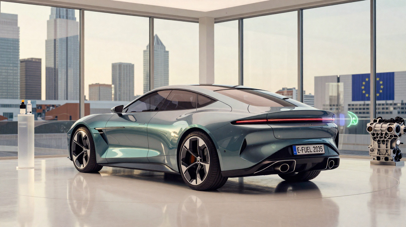 Carro esportivo elétrico cinza metálico exibido em showroom com prédios ao fundo e hologramas tecnológicos.