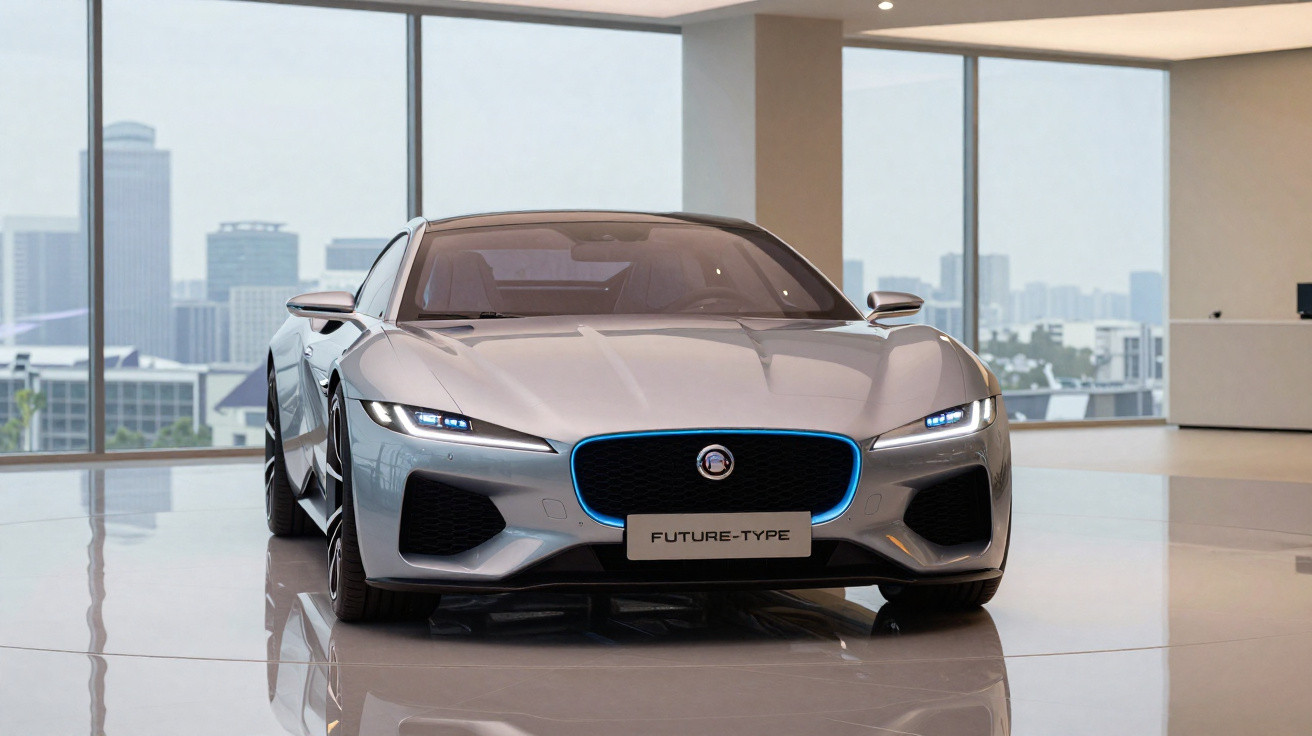 Carro esportivo elétrico prateado futurista em showroom com janelas panorâmicas e vista urbana ao fundo.