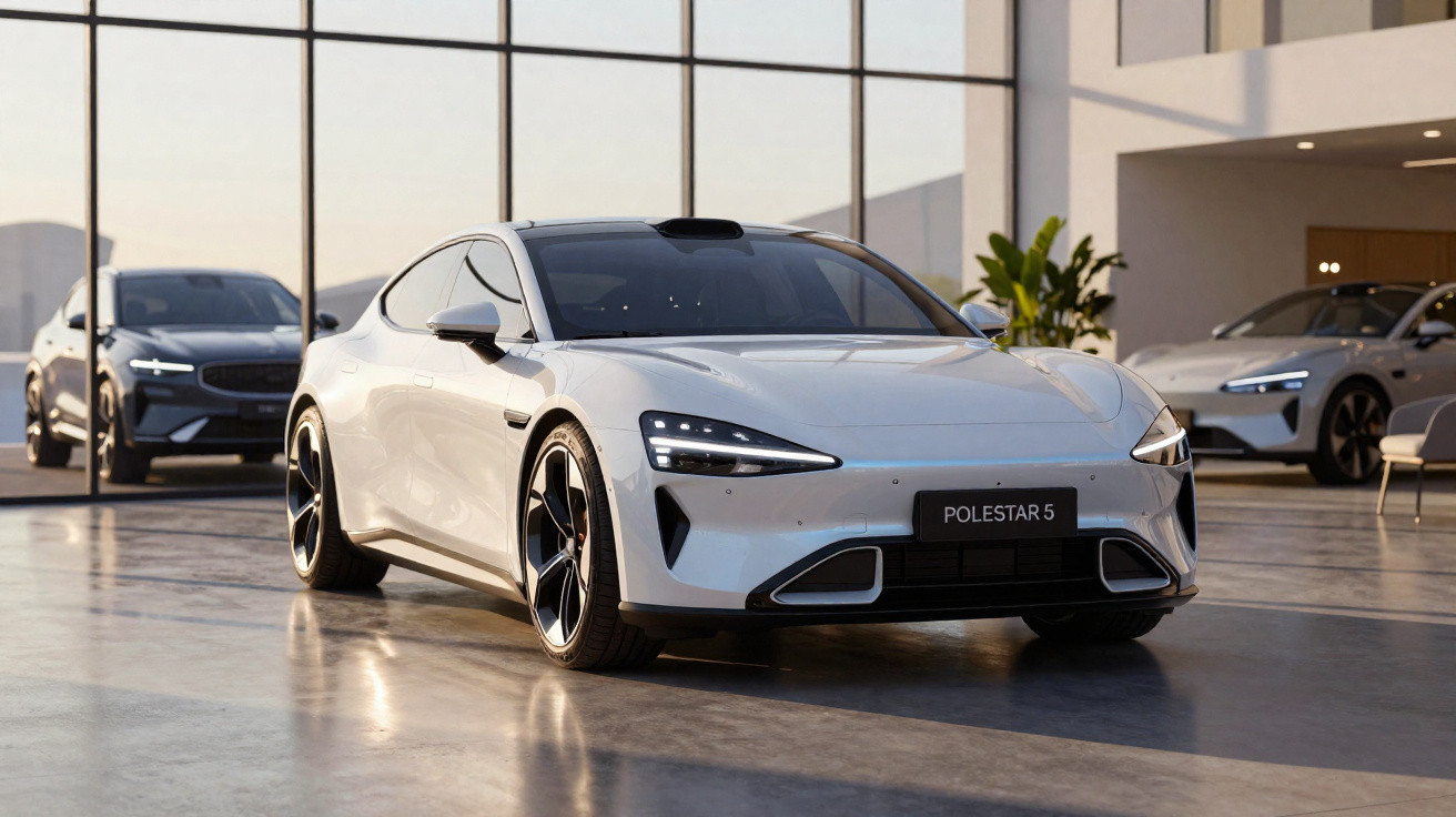 Carro elétrico Polestar 5 branco exibido em showroom moderno com grandes janelas e outros dois veículos ao fundo.