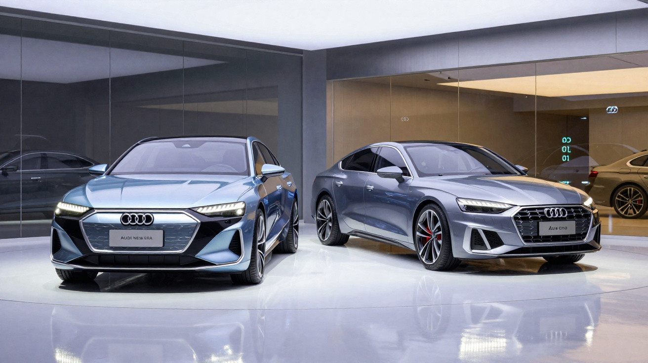 Dois carros Audi prata exibidos em showroom moderno com piso refletivo e paredes de vidro.