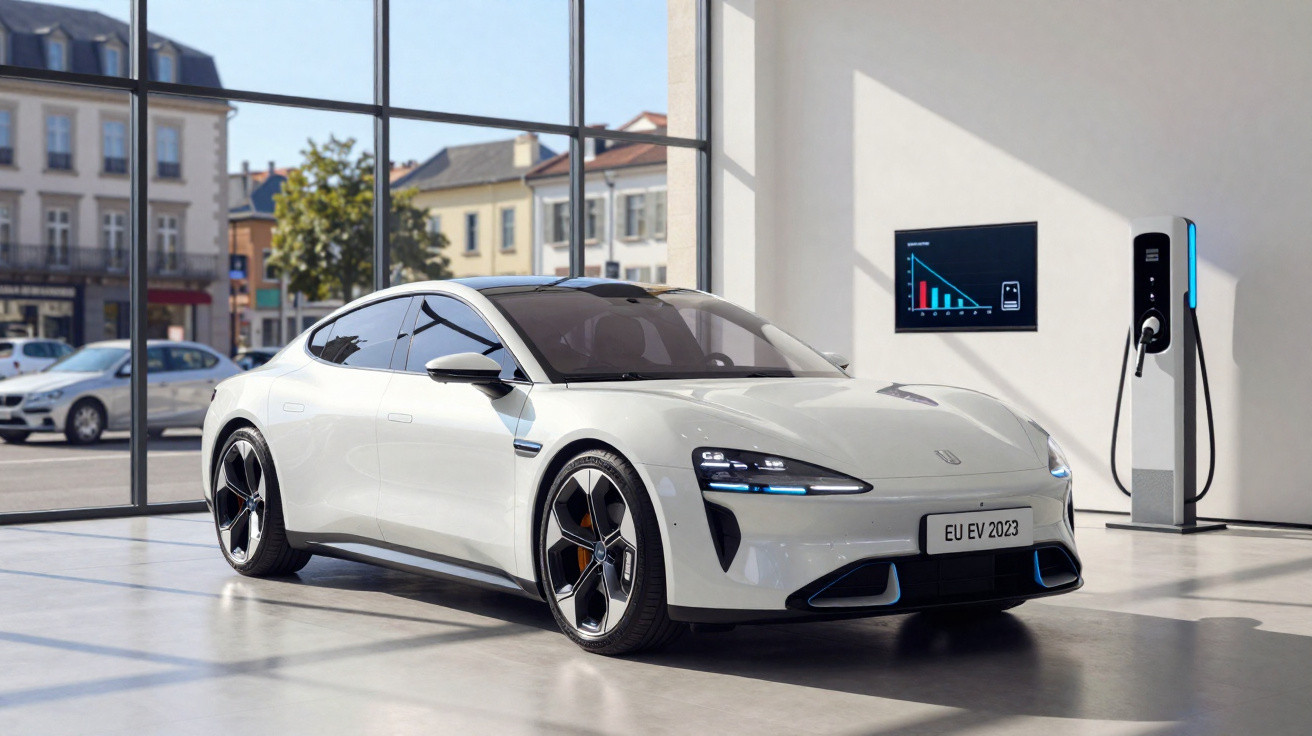 Carro elétrico branco estacionado em sala com parede de vidro e estação de carregamento ao lado.