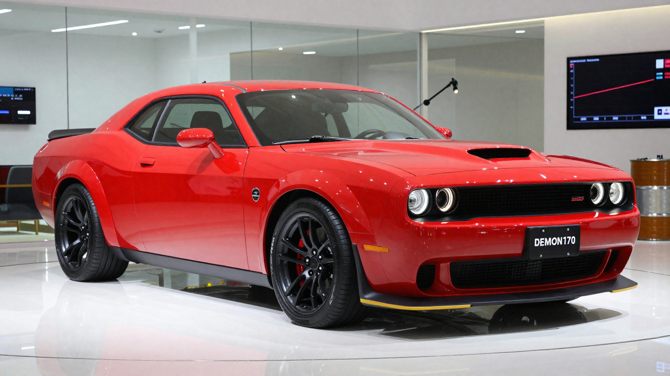 Carro esportivo vermelho Dodge Demon 170 estacionado em ambiente interno com piso branco e espelho ao fundo.